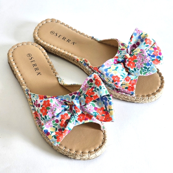 Fashion Serra Women's Sz 9 Colorful Floral Bow Slip On Espadrilles Jute Midsole - Picture 1 of 13